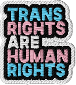 Patch that says 'TRANS RIGHTS ARE HUMAN RIGHTS'.